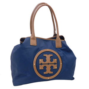 1円 ■ 美品 トリーバーチ トートバッグ ネイビー系 ナイロン×レザー エラ お買い物 TORY BURCH ■E.Biu.oR-26