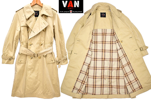 A-4368★当時物★VAN JAC Jacket ヴァンヂ゛ャケット日本製 ヴィンテージ ベージュ 裏地チェック柄 ベルト付き トレンチコート 160-81-70 