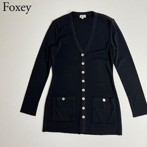 美品 FOXEY BOUTIQUE フォクシーブティック ニットカーディガン ロングカーディガン トップス 長袖 羽織 ブラック ミドル丈 レディース