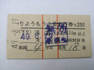 東武鉄道　りょうもう3号特急券　昭和49年8月19日　浅草駅発行　常備券