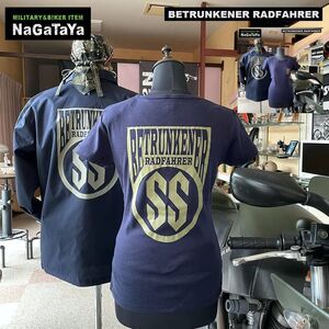 BETRUNKENER RADFAHRER ベェトォンナ ラドファ エンブレム Tシャツ Lサイズ ネイビー レディース BIKER モーターサイクル 