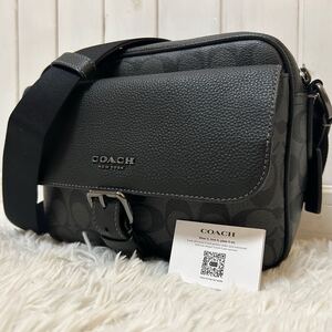 1円【未使用級】COACH コーチ ハドソン ショルダーバッグ メンズ クロスボディ 斜め掛け ペプルドレザー シグネチャー 黒 ロゴ ベルト 