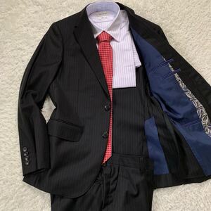 【美品・M相当】ジョイックス製 LANVIN COLLECTION ド派手 裏地 ランバンコレクション スーツ ストライプ セットアップ ブラック系 メンズ