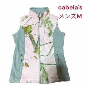 美品カベラス　ピンクでお洒落な葉っぱ、木柄フリースベスト メンズ　M cabela