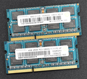 4GB 2枚組 (合計 8GB) PC3-12800S DDR3-1600 S.O.DIMM 204pin 2Rx8 [1.5V] [RAMAXEL 4G 8G] Macbook Pro iMac (DDR3) (管:SB0525