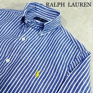極美品　ラルフローレン　RALPH LAUREN 麻リネン100%ストライプ ボタンダウンシャツ ネイビー　イエローポニー刺繍　メンズM程　送料230円