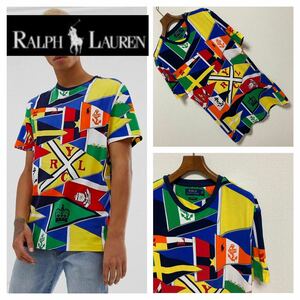 良品◆ポロ ラルフローレン◆Burgee Flag 総柄 リンガー Tシャツ S カラフル ネイビー 赤 イエロー ペナント フラッグ POLO RALPH LAUREN