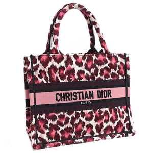 セール 新品同様 クリスチャンディオール ブックトート スモール ハンドバッグ レオパード キャンバス ピンク系 Christian Dior