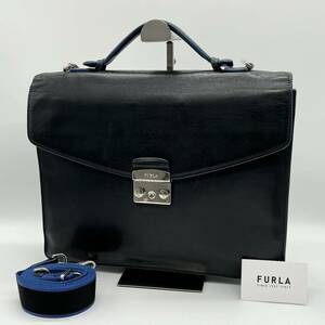 【美品】FURLA フルラ ビジネスバッグ ブリーフケース ショルダーバッグ 斜め掛け フォーマル 冠婚葬祭 シンプル ブラック CF800317