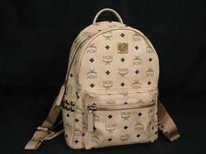 1円 ■美品■ MCM エムシーエム モノグラム ヴィセトス柄 レザー リュックサック デイパック バックパック ライトベージュ系 FF8493