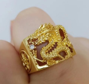 豪華 覇気 龍柄 指輪 メンズ 24KGP ベトナム砂金 メッキ加工 リング アクセサリー フリーサイズ 