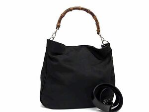 1円 ■美品■ GUCCI グッチ 001.1705.1577 バンブー ナイロンキャンバス 2WAY クロスボディ ショルダー ハンドバッグ ブラック系 AX6892