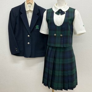 U378/S1043(中古)福岡県 久留米市立荒木中学校 女子制服6点 /旧制服/165A/L/W66/ブレザー/ベスト/ブラウス/冬スカート/リボン/緑チェック/