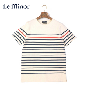 【40％OFF・新品・2(M)】Le minor（ル ミノア）コットンボーダー 半袖クルーネックカットソー オフホワイト 61147H-D69