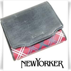 展示品1円～★NEWYORKER ニューヨーカー 牛革レザー 財布 ウォレット シャドウ チェック 本革 ネイビー レッド本物◆4752◆