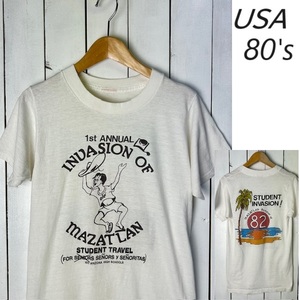 T●384 USA古着 80s 82年 前後プリント Tシャツ XS～S オールド ヴィンテージ 染み込みプリント アメリカ古着 シングルステッチ