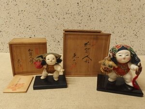 1240350w【晃山作 加賀人形 ２点】獅子舞/伝統工芸/民芸品/置物/木箱入り/H9cm程/H12cm程/中古品