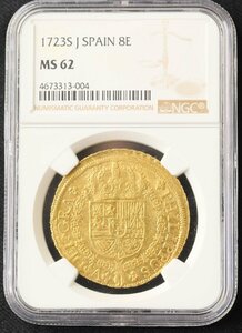 アンティークコイン 1723 SJ スペイン 8エスクード フィリップ5世 金貨 NGC MS62（4673313-004）