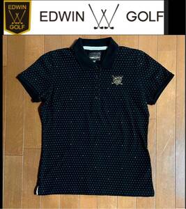 ★EDWIN GOLF エドウィンゴルフ★ブラックカラーにゴールドロゴアップリケが素敵！ストレッチレディース半袖ポロシャツ/M