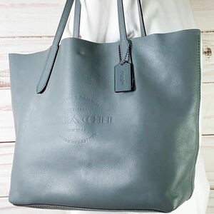 1円 A4収納可 美品 COACH コーチ トートバッグ ハドソン ビジネス レザー ロゴ 刻印 肩掛け 大容量 本革 ブリーフケース グレー メンズ