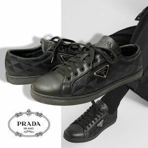 良品 正規品 23年 PRADA Leather And Re-Nylon プラダ ナイロン レザー トライアングルロゴ プレート ローカット スニーカー イタリア製