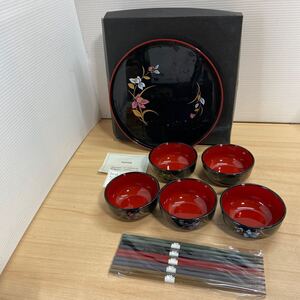 1円スタート 丸盆 小鉢 箸セット 彩蘭花 5客セット 漆器 うるし お盆 お椀 和食器 花柄 未使用 保管品(7-1)