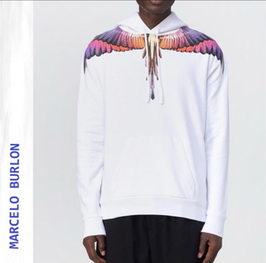 23’秋冬☆新品☆MARCELO BURLON☆マルセロバーロン☆パーカー☆スエット☆被り☆白☆フェザー柄プリント☆ビックシルエット☆Mサイズ