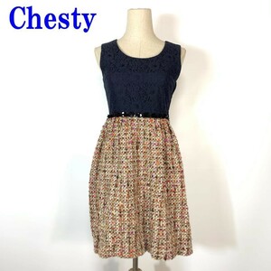 Chesty チェスティ ノースリーブ切り替えワンピースコットンレース ツイードスカート ウエストビーズ刺繍ネイビー０ C680