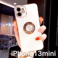 ホワイトiPhone13mini用ケースリング付き白ソフトケース耐衝撃カバー韓国