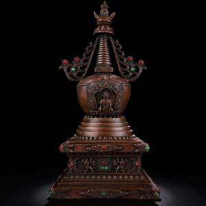 秘蔵 中國 清代 チベット仏教 銅製嵌寶石 仏塔 仏教古美術 置物 時代物 中国古美術 唐物 NW167
