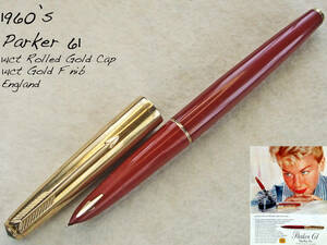 ◆レア◆1960年代製 パーカー61万年筆 14金RGキャップ 14金F イギリス◆ 1960’ Parker 61 14ct RG cap 14ct F nib England◆