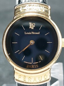 美品 Louis Feraud ルイフェロー アナログ クォーツ 腕時計 2針 スモールサイズ ブラック ゴールド レザーベルト ステンレススチール