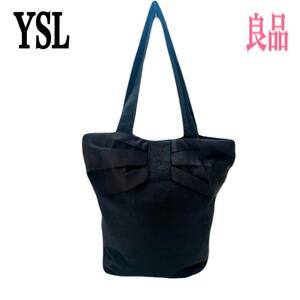 Yves Saint Laurent YSL イヴサンローラン トートバッグ ハンドバッグ 肩掛け ブラック系×ピンク リボン キャンバス A4収納 通学 通勤