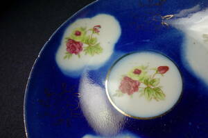 大正期　瑠璃釉　薔薇図　茶豆皿　EXCELLENTCHINAWARE　輸出陶磁　陶磁器研究