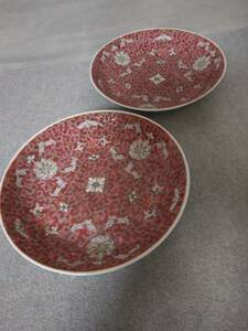中国景徳鎮　皿　色絵粉砕　中国美術工芸　菓子皿深皿盛り皿　２枚　アンティーク約20センチ