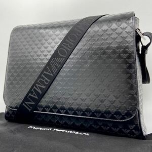 1円●未使用級 本革●EMPORIO ARMANI ショルダーバッグ メッセンジャー レザー 型押しロゴ エンポリオアルマーニ 斜め掛け メンズ ビジネス