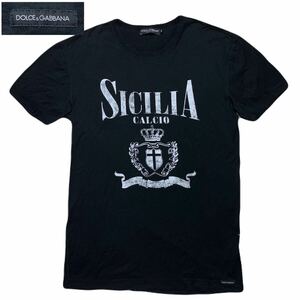 美品/ダメージ加工 ●DOLCE&GABBANA ドルチェ&ガッバーナ Tシャツ 王冠 クラウン プリント ロゴ ブラック 黒 半袖 トップス 46サイズ M-L