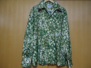 即決　ハワイ　Keone　長袖　ヴィンテージ　アロハシャツ　濃緑・クリーム色　柄物　Ｍ