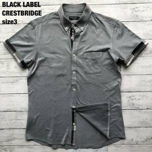 美品/L相当/チェック柄◎ブラックレーベルクレストブリッジ BLACKLABEL CRESTBRIDGE BD半袖シャツ 刺繍ロゴ ノバチェック メンズ 3 グレー