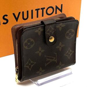 【美品】ルイヴィトン LOUIS VUITTON モノグラム コンパクトジップ 二つ折り財布 ブラウン コンパクト財布 茶色 ラウンドファスナー