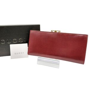 【優雅な佇まい】　Gucci グッチ　長財布 がま口 ゴールドロゴ GG柄 ウォレット カードケース　レザー　ワインレッド　赤