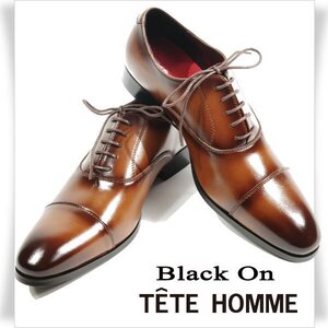 新品1円～★定価1.4万 Black On TETE HOMME テットオム アクションレザー ビジネスシューズ 26.5cm ブラウン 茶 ストレートチップ ◆8820◆