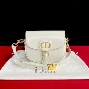 ほぼ未使用 袋付 Christian Dior ディオール ボビー スモール CD ロゴ 金具 ボックスカーフ レザー ショルダーバッグ ホワイト 10920