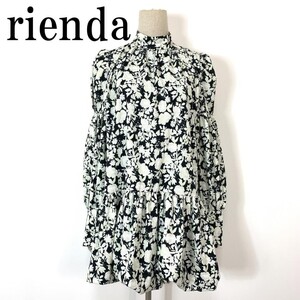 rienda リエンダ チュニックワンピース 花柄 ハイネック パフスリーブ ミニワンピース 総柄 ブラック S B8154