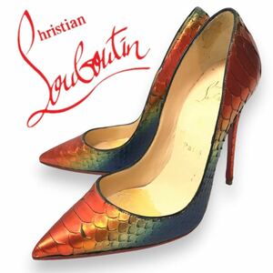 p43 Christian Louboutin 2015 クリスチャン ルブタン パイソン レザー パンプス ハイヒール メタリック ピンヒール 35 正規品 