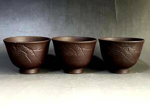 煎茶碗■3客 紫泥 松絵掘り 煎茶器 お茶道具 古美術 時代物 骨董品■