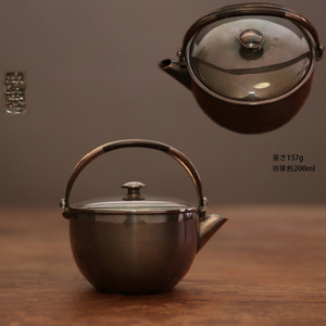 古銀 茶壺 浄益 造 「純銀製光面紫皮提梁壺」 銀瓶 煎茶 湯沸 急須 茶道具 金工 茶器 時代物 LT-07260