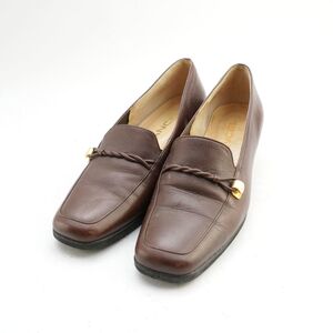 LANCEL ランセル 23.0 ローファー ヒール スクエアトゥ ゴールド金具 レザー 茶色 ブラウン/IC57