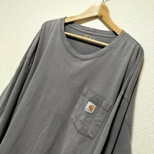 ☆carhartt ロゴワッペン ロンT ポケTシャツ グレー 灰 長袖 メンズ 大きいサイズ2XL メキシコ製 カーハート アメカジ ブランド古着 USED