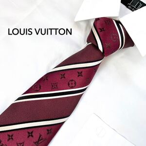 LOUIS VUITTON ルイヴィトン ネクタイ シルク 絹 小紋柄 ワインレッド モノグラム ビジネス フォーマル レジメンタルタイ ストライプ柄